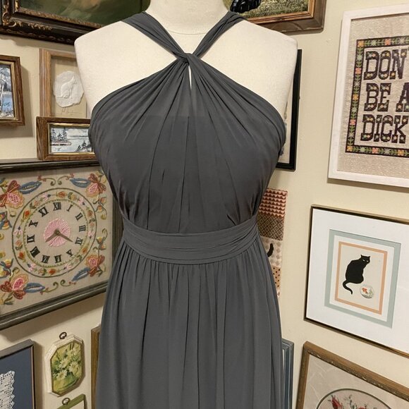 Bill Levkoff Charcoal Halter Maxi Dress With Pleated Bodice & Open Back Size 10 - Picture 2 of 5